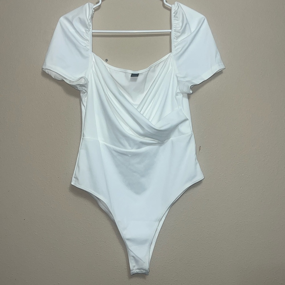 White Blouse Body Suit with Puff Sleeves and Criss Cross Front Size L